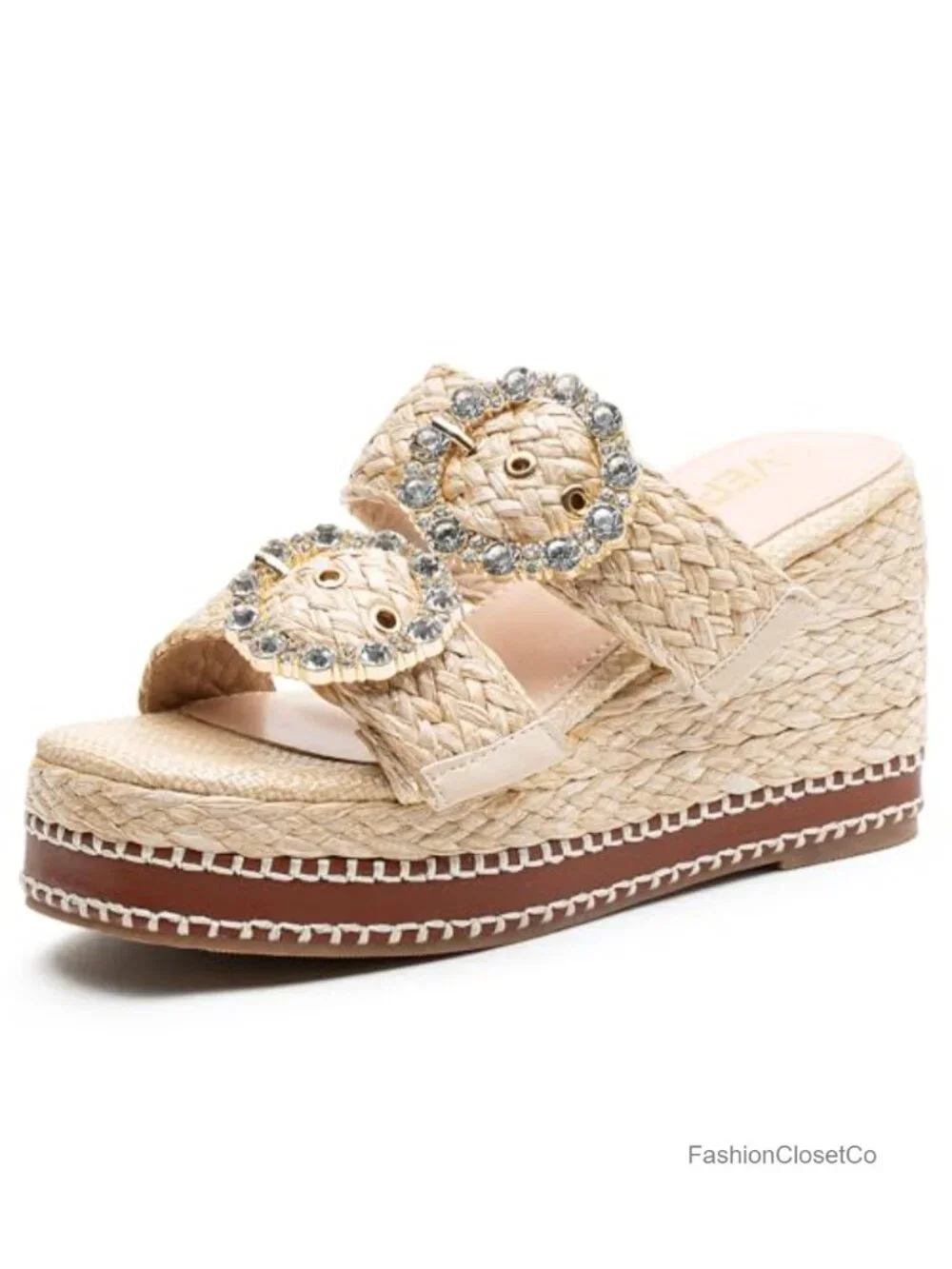 Woven Raffia Platform Wedge Sandals Espadrille Heels Square Open Toe Rhinestone